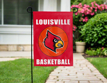 Load image into Gallery viewer, red louisville basketball garden flag hung outside for yard decor
