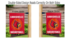Load image into Gallery viewer, louisville basketball logo reading correctly on both sides of red double sided garden flag
