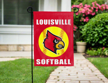 Load image into Gallery viewer, red louisville softball garden flag hung outside for yard decor
