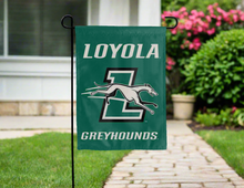 Load image into Gallery viewer, green loyola greyhounds double sided garden flag for yard decor
