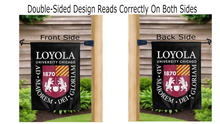 Load image into Gallery viewer, loyola university chicago seal logo reading correctly on both sides of black double sided garden flag

