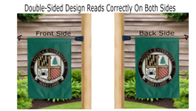 Load image into Gallery viewer, loyola university maryland seal logo reading correctly on both sides of green double sided garden flag
