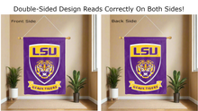 Load image into Gallery viewer, lsu geaux tigers shield logo reading correctly on both sides of purple double sided house flag
