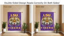 Load image into Gallery viewer, lsu tigers logo reading correctly on both sides of purple double sided house flag
