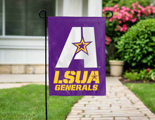 Load image into Gallery viewer, double sided garden flag with lsua generals logo hung for yard decor
