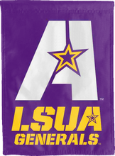 Load image into Gallery viewer, purple house flag with lsua generals logo hung for man cave decor
