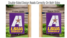Load image into Gallery viewer, lsua generals logo reading correctly on both sides of purple garden flag

