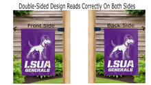 Load image into Gallery viewer, lsua mascot generals logo reading correctly on both sides of garden flag
