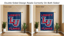 Load image into Gallery viewer, lu liberty flames logo reading correctly on both sides of blue house flag
