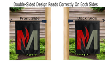 Load image into Gallery viewer, m logo reading correctly on both sides of black MSUM garden flag
