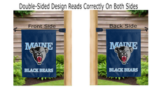 Load image into Gallery viewer, maine black bears logo reading correctly on both sides of blue double sided garden flag
