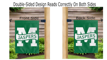 Load image into Gallery viewer, manhattan jaspers logo reading correctly on both sides of green double sided garden flag
