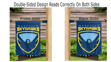 Load image into Gallery viewer, marching skyhawks logo reading correctly on both sides of blue point university double sided garden flag
