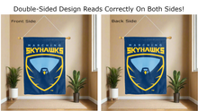 Load image into Gallery viewer, marching skyhawks logo reading correctly on both sides of blue point university double sided house flag
