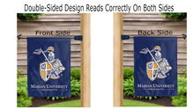 Load image into Gallery viewer, marian university indianapolis logo reading correctly on both sides of blue double sided garden flag

