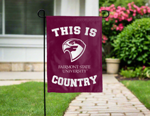 Load image into Gallery viewer, maroon double sided garden flag with this is fairmont state university country logo for yard decor

