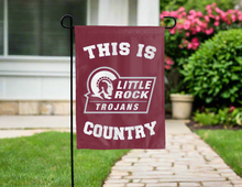Load image into Gallery viewer, maroon double sided garden flag with this is little rock trojans country logo for yard decor
