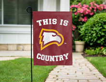 Load image into Gallery viewer, maroon double sided garden flag with this is winthrop eagles country logo for yard decor
