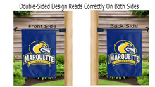 Load image into Gallery viewer, marquette golden eagles logo reading correctly on both sides of blue double sided garden flag
