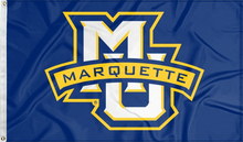 Load image into Gallery viewer, blue-marquette-university-flag-with-mu-marquette-logo-for-college-dorm-decor
