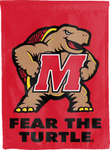 Load image into Gallery viewer, red maryland terps double sided house flag with fear the turtle logo for college dorm decor
