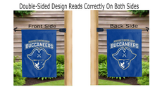 Load image into Gallery viewer, massachusetts maritime academy buccaneers logo reading correctly on both sides of blue double sided garden flag
