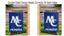Load image into Gallery viewer, mc pioneers logo reading correctly on both sides of blue marietta college double sided garden flag
