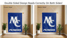 Load image into Gallery viewer, mc pioneers logo reading correctly on both sides of blue marietta college double sided house flag
