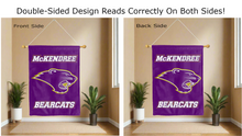 Load image into Gallery viewer, mckendree bearcats logo reading correctly on both sides of purple double sided house flag
