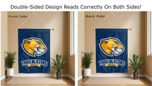 Load image into Gallery viewer, mcla trailblazers logo reading correctly on both sides of blue double sided house flag
