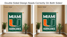 Load image into Gallery viewer, miami hurricanes logo reading correctly on both sides of green double sided house flag

