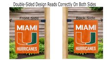 Load image into Gallery viewer, miami hurricanes logo reading correctly on both sides of orange double sided garden flag
