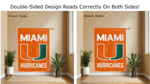 Load image into Gallery viewer, miami hurricanes logo reading correctly on both sides of orange double sided house flag
