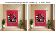 Load image into Gallery viewer, miami redhawks logo reading correctly on both sides of red double sided house flag
