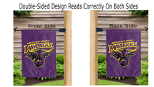 Load image into Gallery viewer, minnesota state university mavericks logo reading correctly on both sides of purple double sided garden flag
