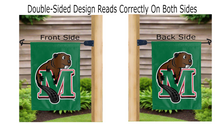 Load image into Gallery viewer, minot state beavers logo reading correctly on both sides of green double sided house flag
