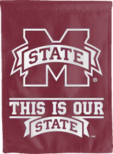Load image into Gallery viewer, maroon mississippi state double sided house flag with this is our state logo for college dorm decor

