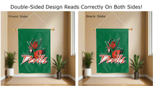 Load image into Gallery viewer, delta devils logo reading correctly on both sides of green double sided house flag
