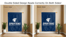 Load image into Gallery viewer, missouri baptist university spartans logo reading correctly on both sides of blue double sided house flag
