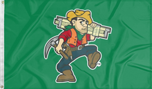 Load image into Gallery viewer, green missouri s&amp;t miners flag with joe miner logo for college dorm decor
