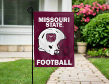 Load image into Gallery viewer, missouri state football garden flag hung outside the home for yard decor
