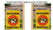 Load image into Gallery viewer, missouri tigers basketball logo reading correctly on both sides of gold double sided garden flag

