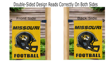 Load image into Gallery viewer, missouri tigers football logo reading correctly on both sides of gold double sided garden flag
