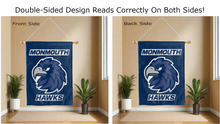 Load image into Gallery viewer, monmouth hawks logo reading correctly on both sides of blue double sided house flag

