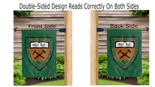 Load image into Gallery viewer, montana school of mines logo reading correctly on both sides of green double sided garden flag
