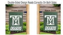 Load image into Gallery viewer, montana tech diggers logo reading correctly on both sides of green double sided garden flag
