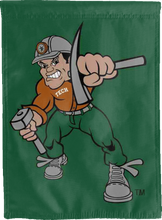 Load image into Gallery viewer, green montana tech double sided house flag with charlie oredigger logo for man cave decor
