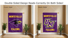 Load image into Gallery viewer, montevallo falcons logo and um logo reading correctly on both sides of purple double sided house flag
