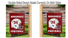 Load image into Gallery viewer, morehouse football logo reading correctly on both sides of maroon double sided garden flag
