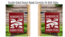 Load image into Gallery viewer, morehouse maroon tigers logo reading correctly on both sides of red double sided garden flag
